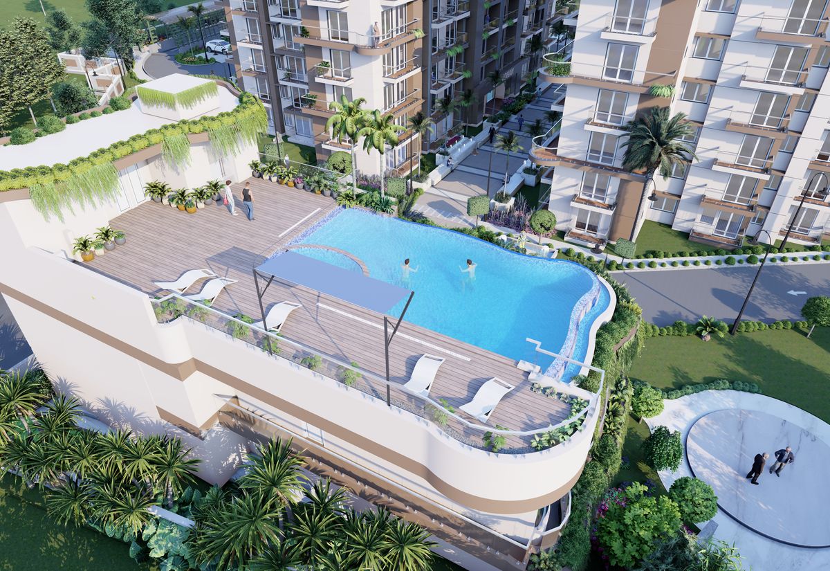 Bird's-eye view of the clubhouse and pool deck at Sri Krishna Vilas, artist's impression