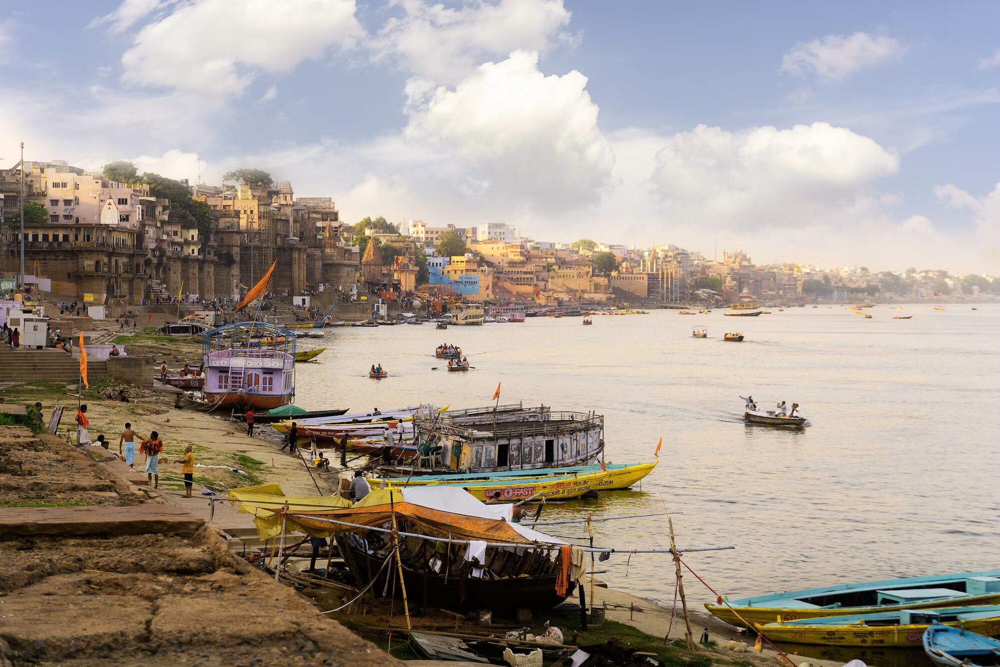 Varanasi ghat boats by day on the Ganga